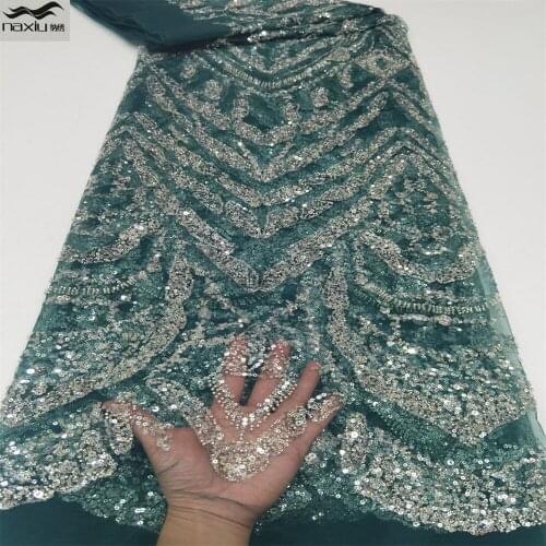 Madison Green African Handmade Beaded Lace Fabric 5 Yards 2021 High Quality Lace Material Embroidery For Nigeria Dress Sewing