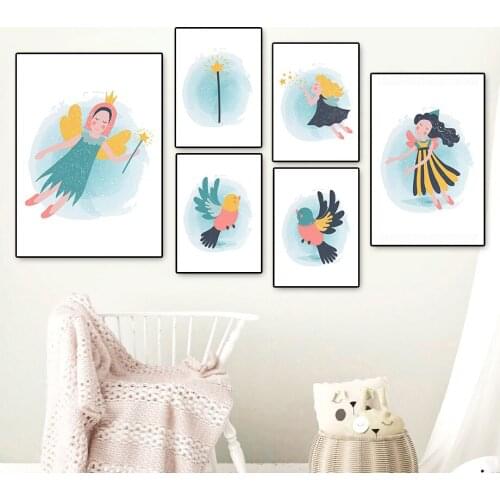 Cartoon Magic Fairy Wand Fairy Girl Star Bird Wall Art Canvas Painting Nordic Posters In Nursery Simple Baby Girl Room Decor