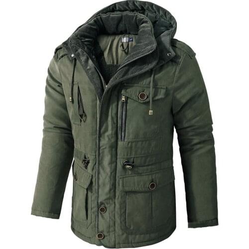 Us Size Mens Plus Size Lamb Wool Hooded Thickened Multi-Pocket Cotton Top Casual Jacket