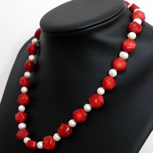 Newly natural red irregular coral 9-13mm unique white pearl spacer beads charms design hot sale necklace 18inch B1448