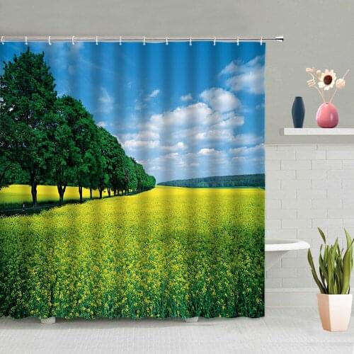 Autumn Landscape Shower Curtain Trees Grassland Flowers Road Maple Leaf Sky Natural Scenery Bathroom Shower Curtains With Hooks