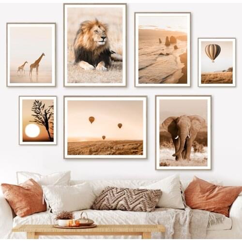 Hot Air Balloon Lion Elephant Giraffe Nordic Poster Golden Sunset Wall Art Print Canvas Painting Decor Pictures For Living Room