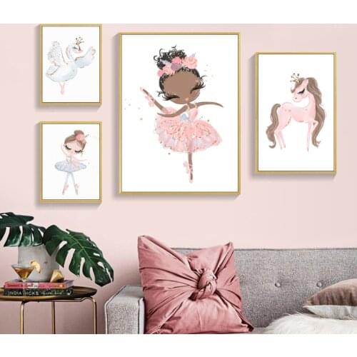 Nordic Pink Ballet Girl lovely Pony children Wall Art Picture Canvas Painting Print poster For Kids Room Bedroom Home Decoration