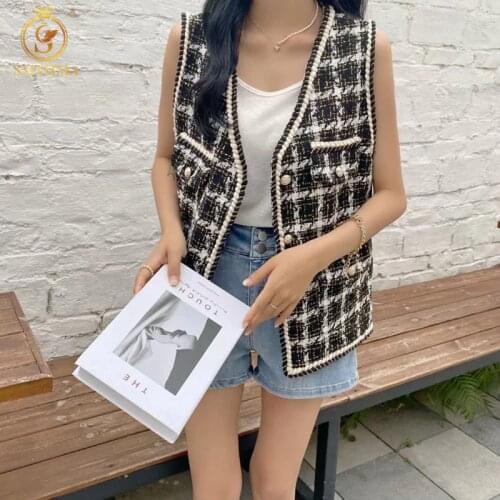 SMTHMA 2021 New Spring Summer Women Plaid Vest Tweed Sleeveless Jacket Fashion Vest Coat Lady Vintage Woolen Jacket Vests