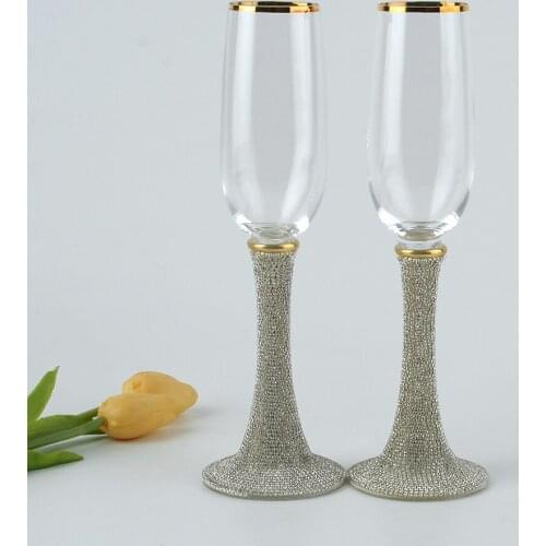 Glass Cup High Quality Champagne Flutes Wedding Glasses Goblet Silver Metal Stem 200ML 2PCS Set With Rhinestones Whiskey Glass