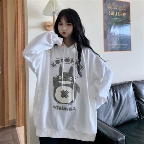 Spring Autumn Anime Kawaii Totoro Embroidery Hooded Sweater Female Students Korean Harajuku Women Loose Hoodies Sweatshirt Tops