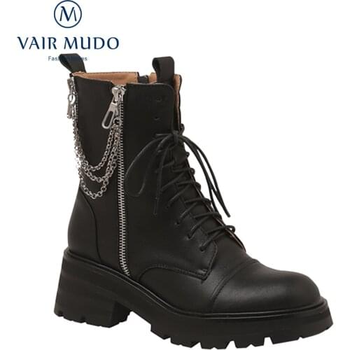 VAIR MUDO 2021 Ankle Boots Women Shoes Waterproof Platform Work & Safety Black Concise Round Toe Thick Bottom Zipper ShoesDX29L