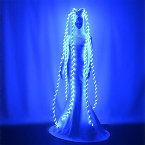 M07 Female ballroom dance led costumes stage wears RGB colorful light dress long hairs perform bodysuit ds skirt bar show models