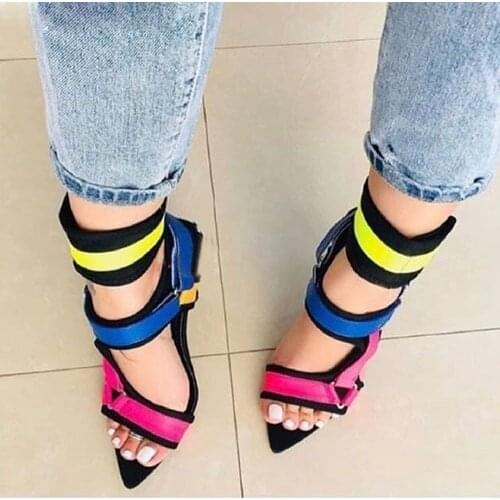 Ladies Summer Pointed Open toe Braided Fasten Buckled Sandals Multi Straps Female Thin High Heels Gladiator Cut out Sandalias