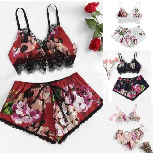 Womens Floral Lace Pajamas Set Sexy Plus Size Sleepwear V-neck Sling Fashion Babydoll Lingerie Ladies Summer Bow Underwear