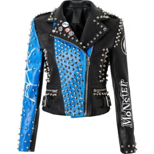 LMCAVASUN New Letters printed cartoon Graffiti rivet beading pu leather coats Women street Punk Rock Cropped Leather Jackets