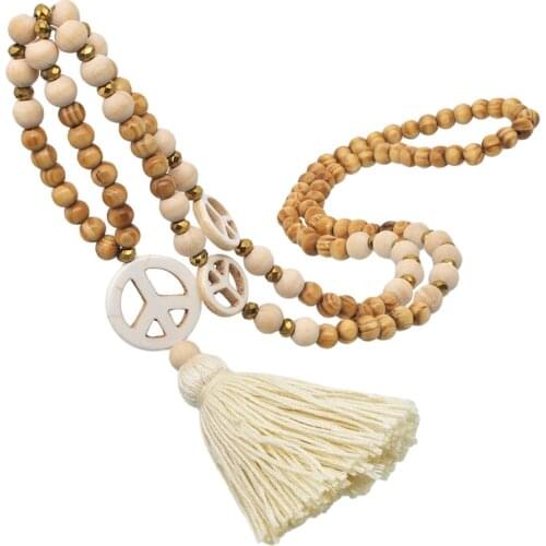 1Pc Tassel Wooden Beads Necklace Peace Sign Neck Chain Sweater Pendant