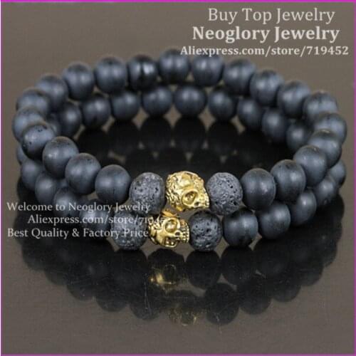 10pcs Mens Matte Black Stone Beads Bracelet,Golden Skull Bracelet Jewelry,Black Lava Rock Beads Bracelet,Stretch Bracelet