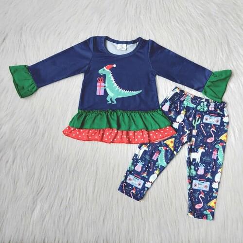 Toddler Girl Cute Dinosaur Pattern Outfits Kids Fashion Cartoon Top And Pants 2Pieces Set Girl Ruffle Design Clothes