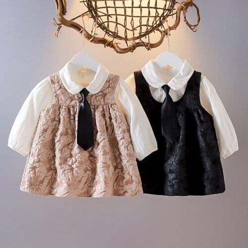 Fashion Autumn Girls Baby Infants Kids Children Long Sleeve Neck-Tie Shirt Tops+ Flower Overall Tank-dress 2pcs Set ADK159