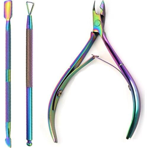 3Pcs/Set Nail Cuticle Nipper Double Spring Dead Skin Pusher Remover Holographic Rose Gold Art Manicure Pedicure Tools Kit