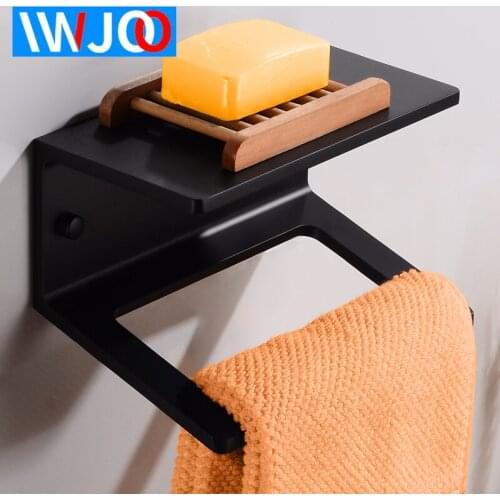 Towel Holder with Shelf Glass Aluminum Towel Ring Black Bathroom Towel Rack Wall Mounted Creative Single Towel Bar Rail