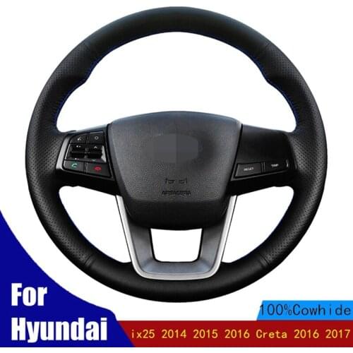 Hand-stitched Car Steering Wheel Cover Soft Black Genuine Leather For Hyundai ix25 2014 2015 2016 Creta 2016 2017