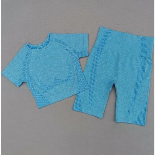 New Vital Seamless Yoga Set Women Running Sportswear Workout Clothes Short Sleeve Crop Top High Waist Fitness Shorts Gym Sets