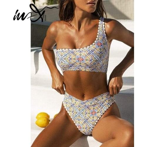 In-X Print bikini 2021 High waist swimwear female Bandeau swimsuit women Sports bathing suit One shoulder swimming suit biquini