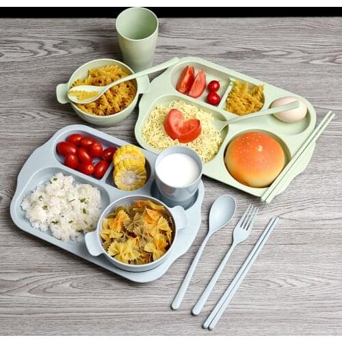 Baby Feeding Tableware Set Children Dish Bowl Fork Spoon Cup Set Bamboo Fiber Feedkid Dinnerware For Kids Separation Plate