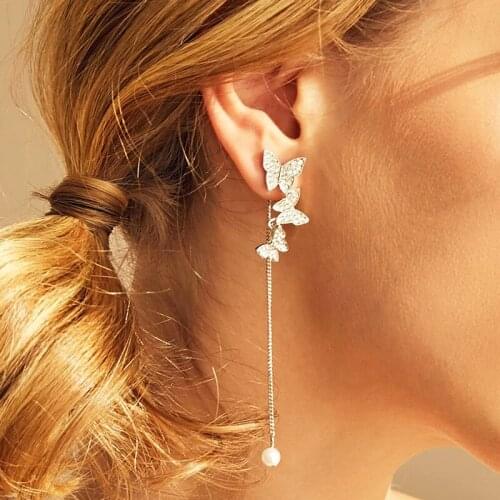 New Arrival Asymmetric Butterfly Long Womens Earring Rhinestone Sweet Temperament Simple Earring Pearl Pendant Jewelry