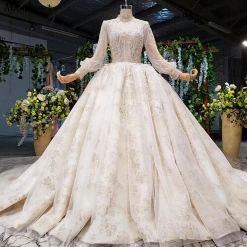 High Collar Golden Lace Ball Gown Wedding Dress Long Sleeve 2021 New Shiny Beading Top Elegant Wedding Gown Bridal 200CM Train