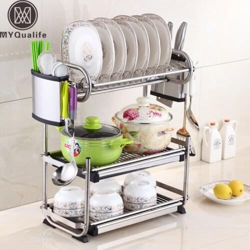 Stainless Steel Dish Rack Set 3-Tier Plate Dish Cutlery Cup Rack With Tray Steel Drain Bowl Rack Kitchen Shelf