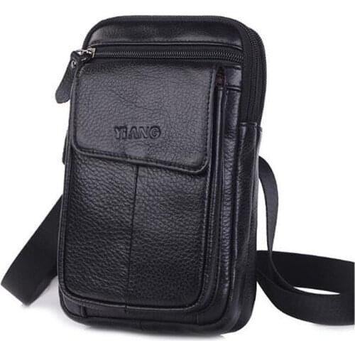 Fashion Mens Genuine Leather Crossbody Belt Hook Waist Bag Cell Mobile Phone Case Messenger Shoulder Bag Casual Leather Bag