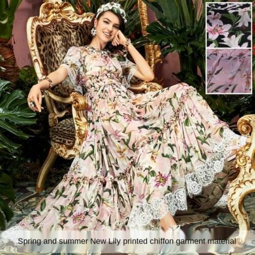 Luxury Brand 100% Polyester Lily Printed Chiffon Fabric Thin Soft Parent-child Clothes Shirt Scarf Cloth Fabrics for Dress Meter