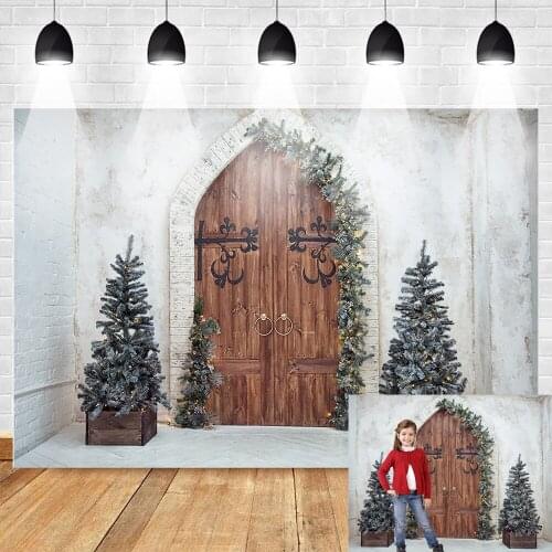 Christmas Photography Background Christmas Decoration Tree Retro Vintage Wooden Door Christmas Backdrops for Photo Studio