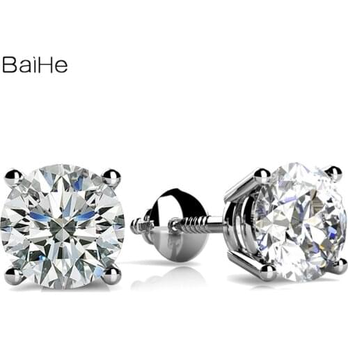 BAIHE Sterling Silver 925 2ct Round Cut 100% Genuine Natural Moissanite 6.5mm Fine Jewelry Fashion Gift Moissanite Stud Earrings