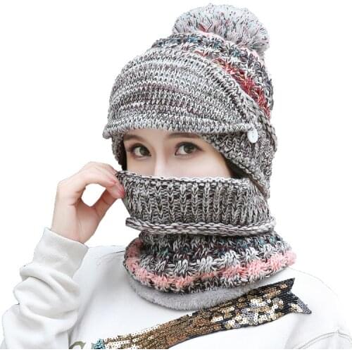 Hat winter womens Mask balaclava Hat for girls Scarf Thick Warm Fleece Inside Knitted Hat Scarf Set 3pcs Winter Hats