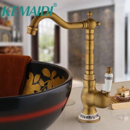 KEMAIDI Bathroom Basin Sink Faucet Solid Brass Hot & Cold Water Mixer Vanity Sink Antique Brass Faucet Stream Spout Tap