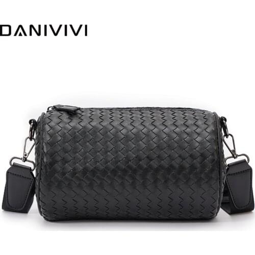 Soft Leather Shoulder Bag Men Crossbody Messenger Bags Woven Large Capacity Bucket Handbags Fashion Tote Travel Bag Man Black