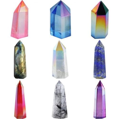 TUMBEELLUWA Titanium Coated Healing Crystal Point Faceted Prism Wand Carved Reiki Stone Figurine