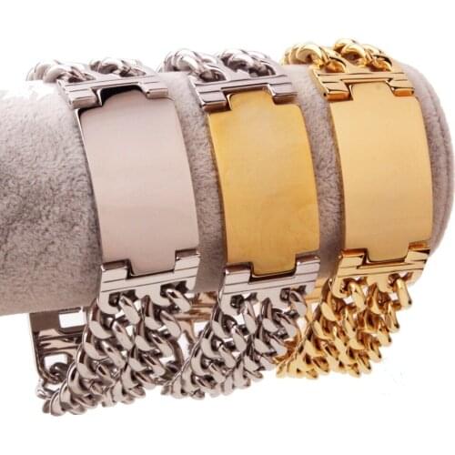 Heavy Polished 23mm width Stainless Steel ID Chain Bracelets Men Jewelry Double Hand Chain Man Wristband Bangle