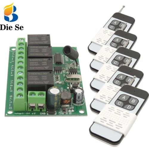Diese 433MHz Universal Wireless Remote Control DC 12V 24V 4CH RF Relay Controller with Remote Transmitter for Garage/Light/Motor