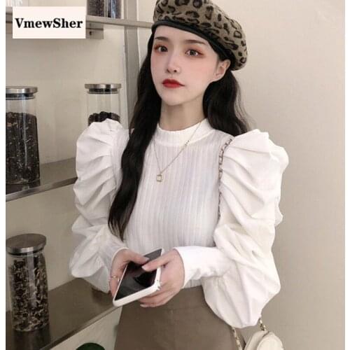 VmewSher New Spring Puff Long Sleeve Women Blouse Knitted Splice O Neck Pullover Lady Elegant Solid Autumn Chic Jumper Tops