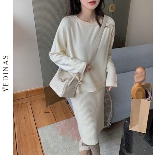 Yedinas Knitted Sweater And Skirt Two Piece Set Women Slim Fit Sweater Skirts 2 Piece Sets Womens Outfits Casual Solid Suit Set