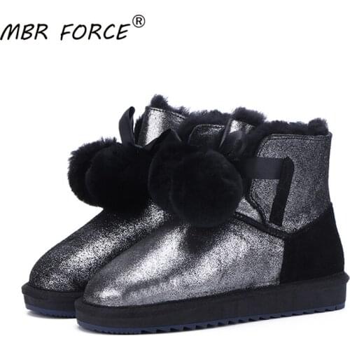 MBE FORCE Classic Cowhide Leather Wool Shearling Lined Women Short Winter Boots Pom-pom Style Ankle Snow Boots Shoes Pink Black