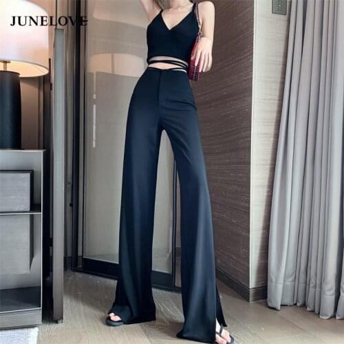 JuneLove Summer Fashion High Waist Straight Pant Women Sexy Casual Street Bandage Trousers Lady Party Clubwear Split Black Pants