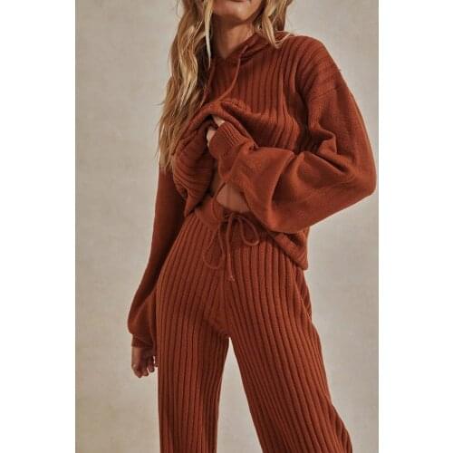 Solid Two Piece Sets Women Hooded Sweater Long Wide Leg Trousers Ladies Knitted Suits Streetwear Sweater Suits Tricot Tracksuit