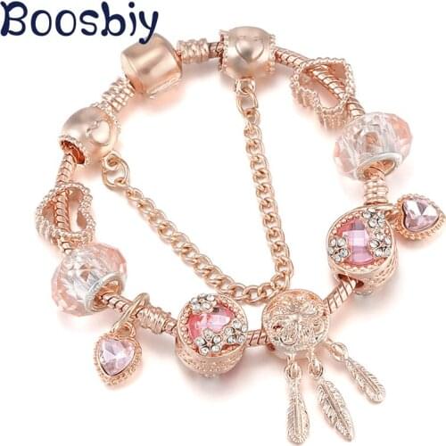 Vintage Rose Gold Color Dreamcatcher Pendant Charm Bracelets With Heart Beads DIY Brand Bracelet For Women Jewelry Gift