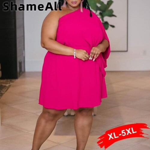 Plus Size Asymmetric One Shoulder Sexy Club Mini Dress 4XL Loose Batwing Sleeve Slim Waist Pleated Short Prom Dresses Y2K Outfit