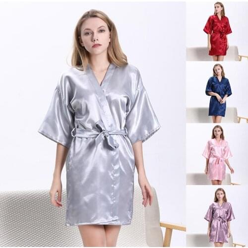 Women Summer Solid Color Ice Silk Midi Dress Bath Robe Waist Belt Sleepwear
