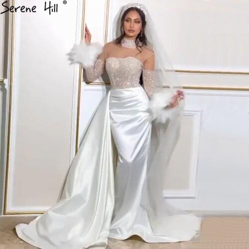 Serene Hill Ivory Luxury Beaded Mermaid Wedding Dress 2021 High Neck Long Sleeves With Feathers Elegant Bridal Gown CHA2469