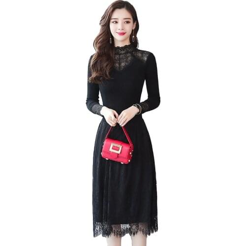 Fashion Autumn Winter Knit Lace splice dress Women Long Sleeve Elegant Sweaters Dresses Female Flocking Warm Long Vestidos H647