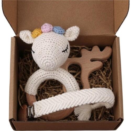1 Set Baby Newborn Knitted Cotton Deer Wooden Ring Teether+Pacifier Clip Chain Dummy Holder DIY Crochet Rattle Bracelet Soother