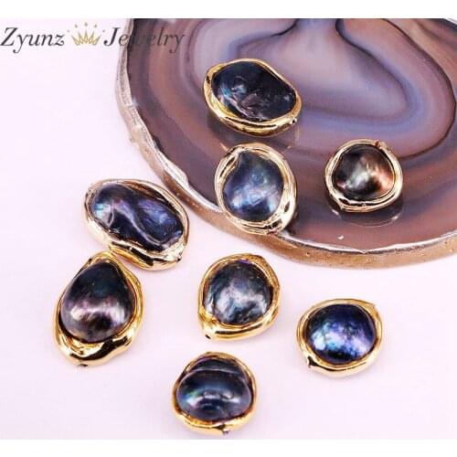 10PCS, Natural Pearl Connector Black Freshwater Pearl Charm w/ Gold color Edged For Necklace Earring Bracelet Jewelry Making